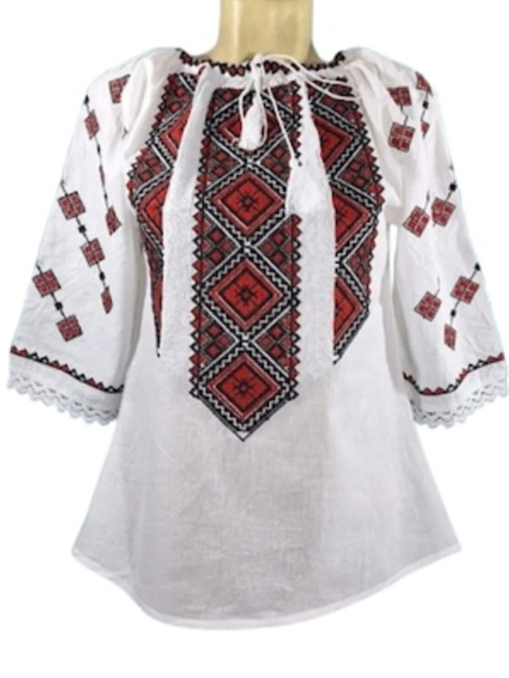 White Embroidered Boho Peasant Blouse with Red & Black Folk Motif - Picture 2 of 8